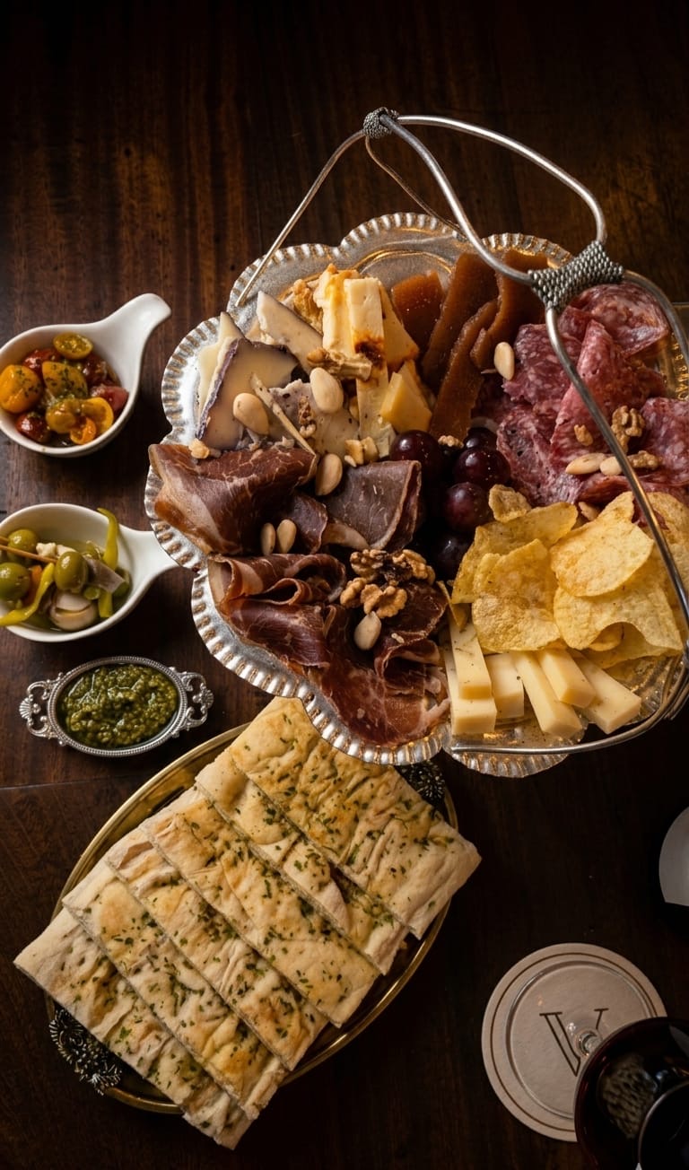 Tabla de plata con quesos, jamón, salami, membrillo y focaccia dorada