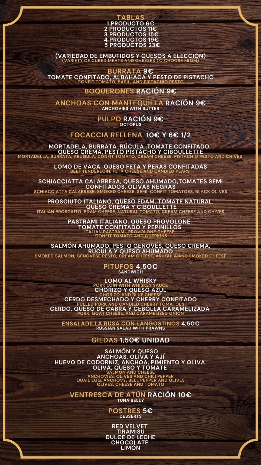 Carta completa — Tablas, focaccias, gildas y postres