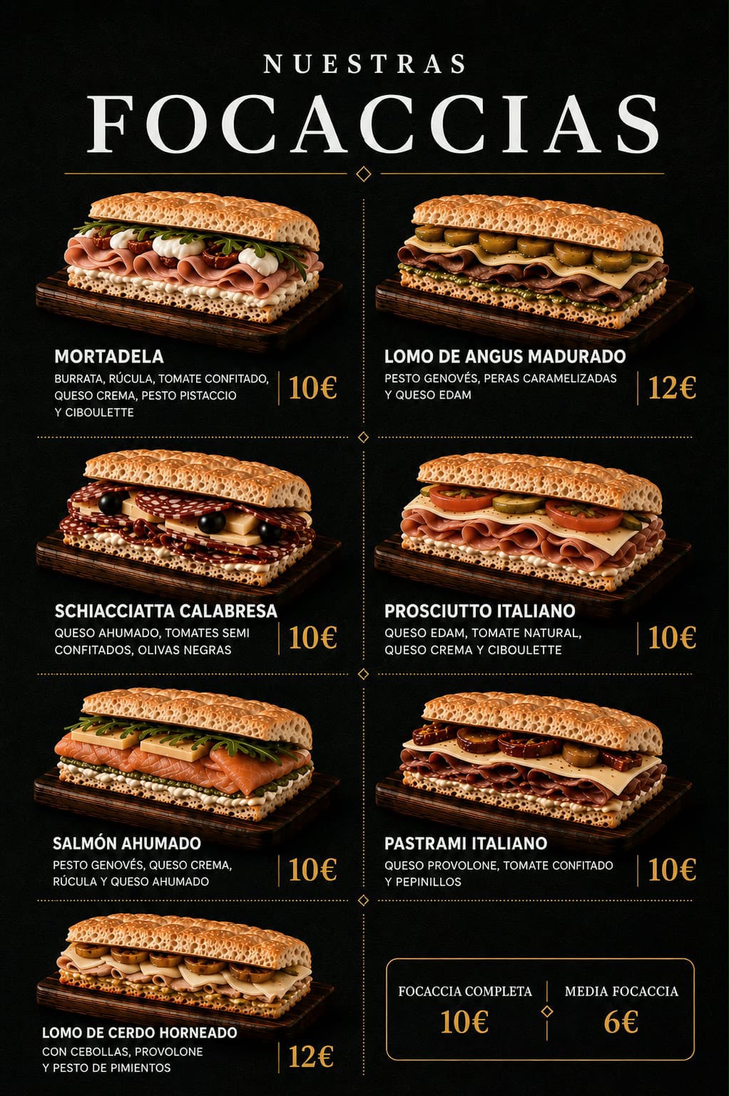 Nuestras Focaccias — Mortadela, Lomo de Angus, Schiacciatta Calabresa, Prosciutto, Salmón, Pastrami y Lomo de Cerdo