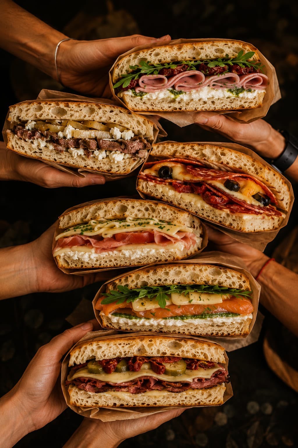 Seis focaccias artesanas sostenidas por manos: mortadela, lomo, calabresa, prosciutto, salmón y pastrami