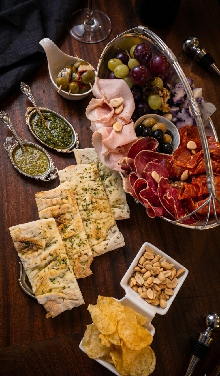 Cesta de chorizo, jamón y mortadela con focaccia y pestos artesanos