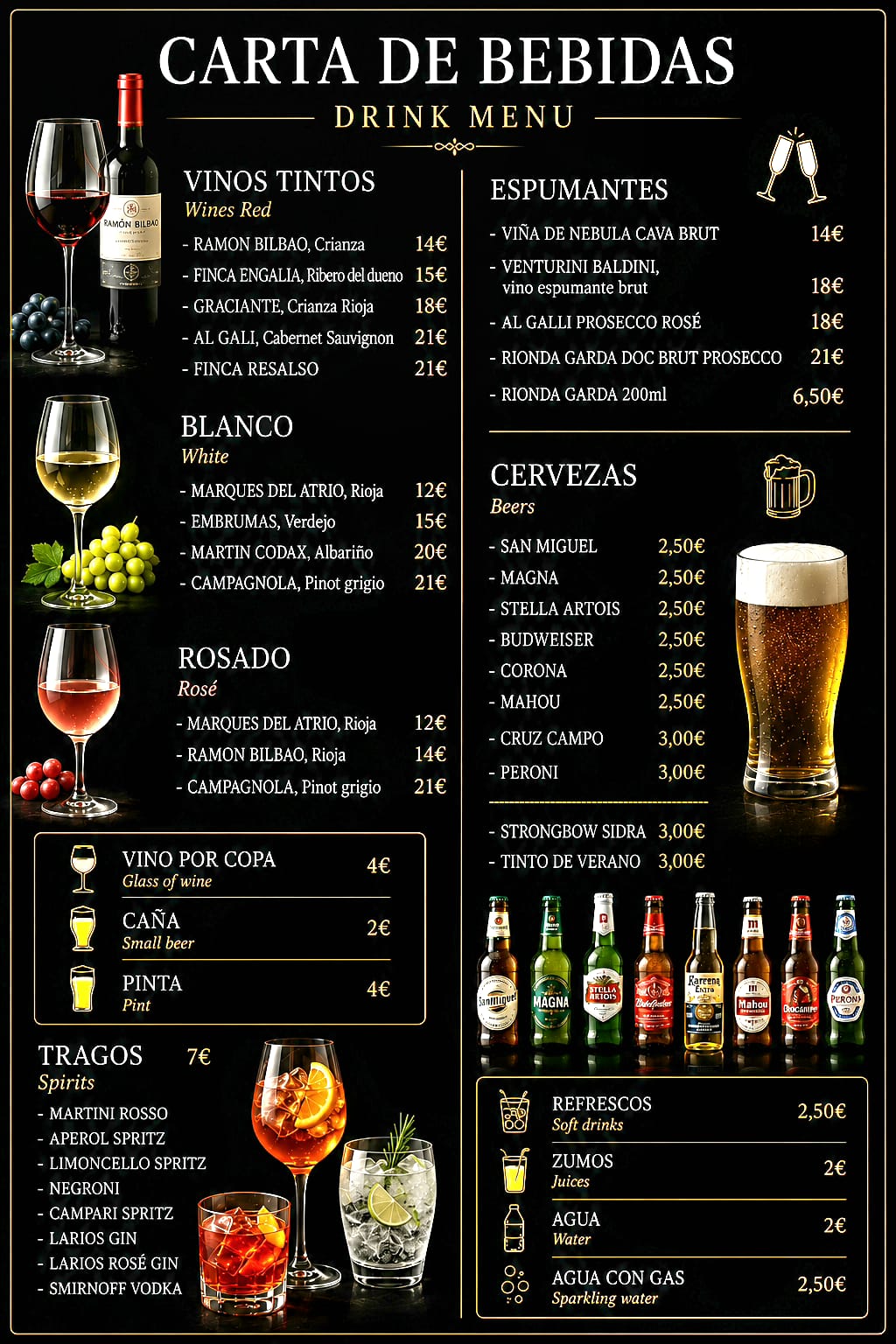 Carta de Bebidas — Vinos tintos, blancos, rosados, espumantes, cervezas, tragos y refrescos